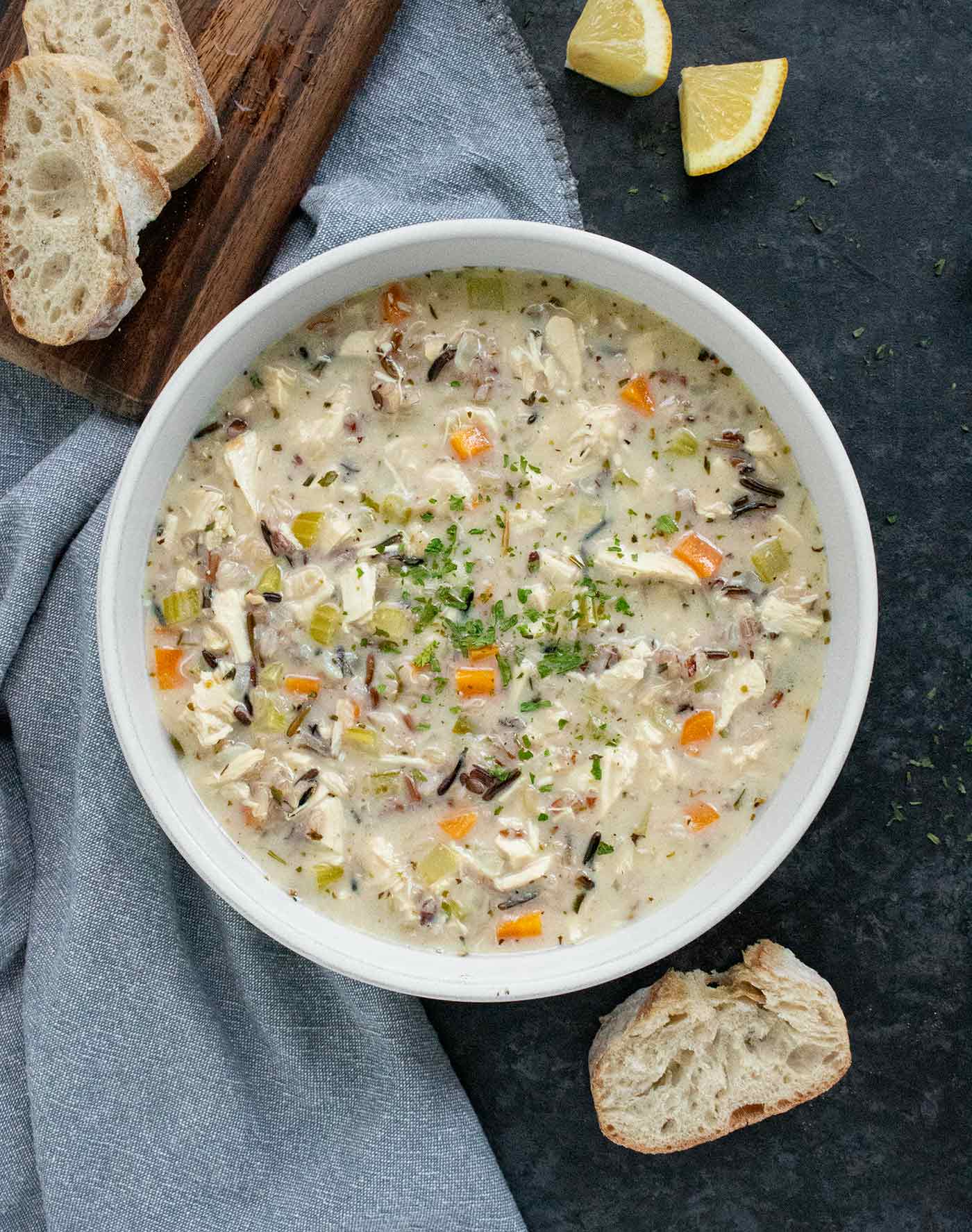 Turkey Wild Rice Soup in a white soup bowl.