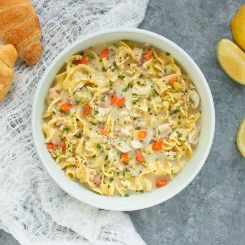 Creamy Chicken Noodle Soup with Pancetta SoupAddict