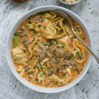 Creamy Mushroom Tortellini in a bowl.