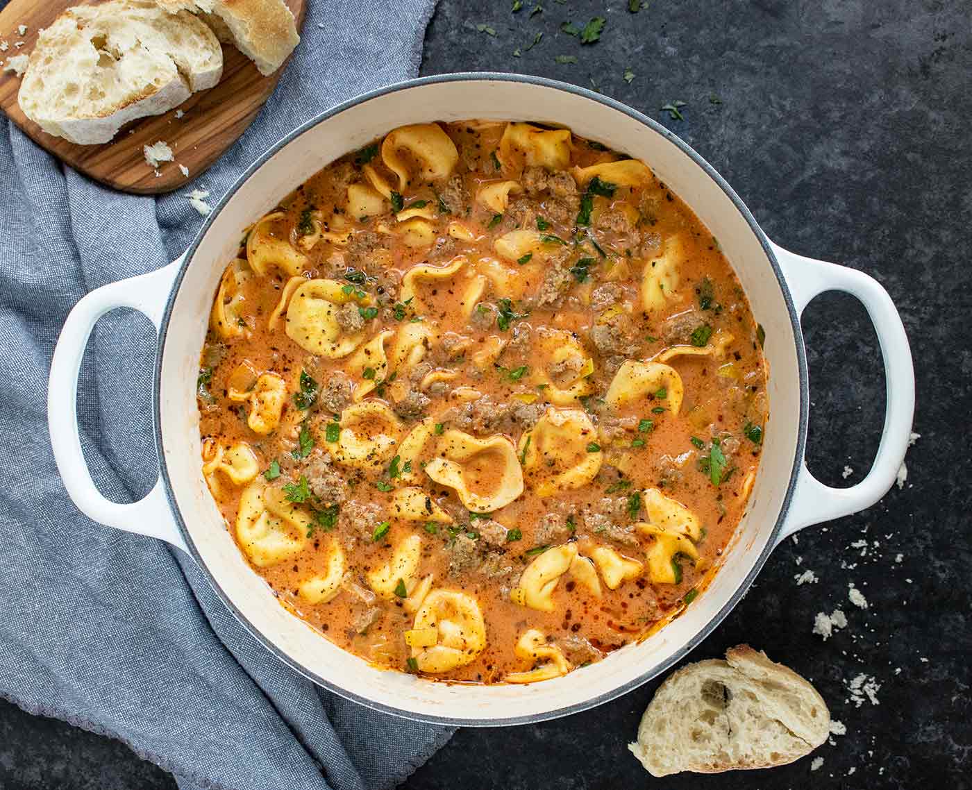 A pot of Creamy Tortellini Soup