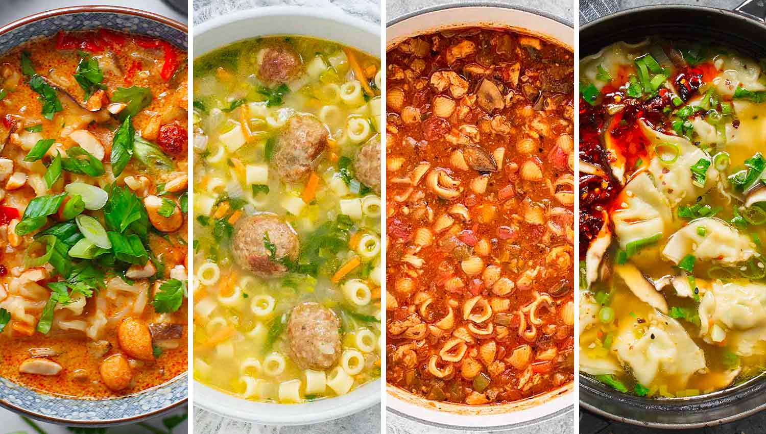 Promo image collage showing 4 soups for the How to Make Great Soup series