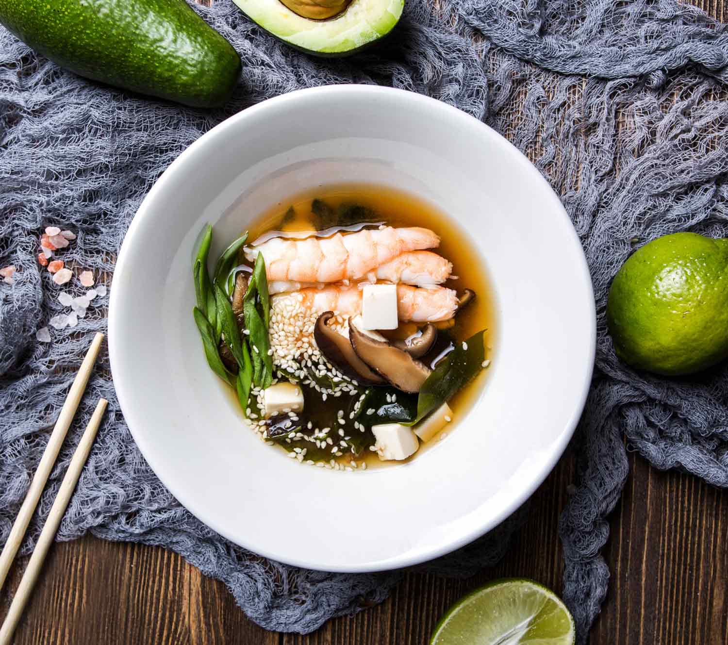 A bowl of soup loaded with umami ingredients.