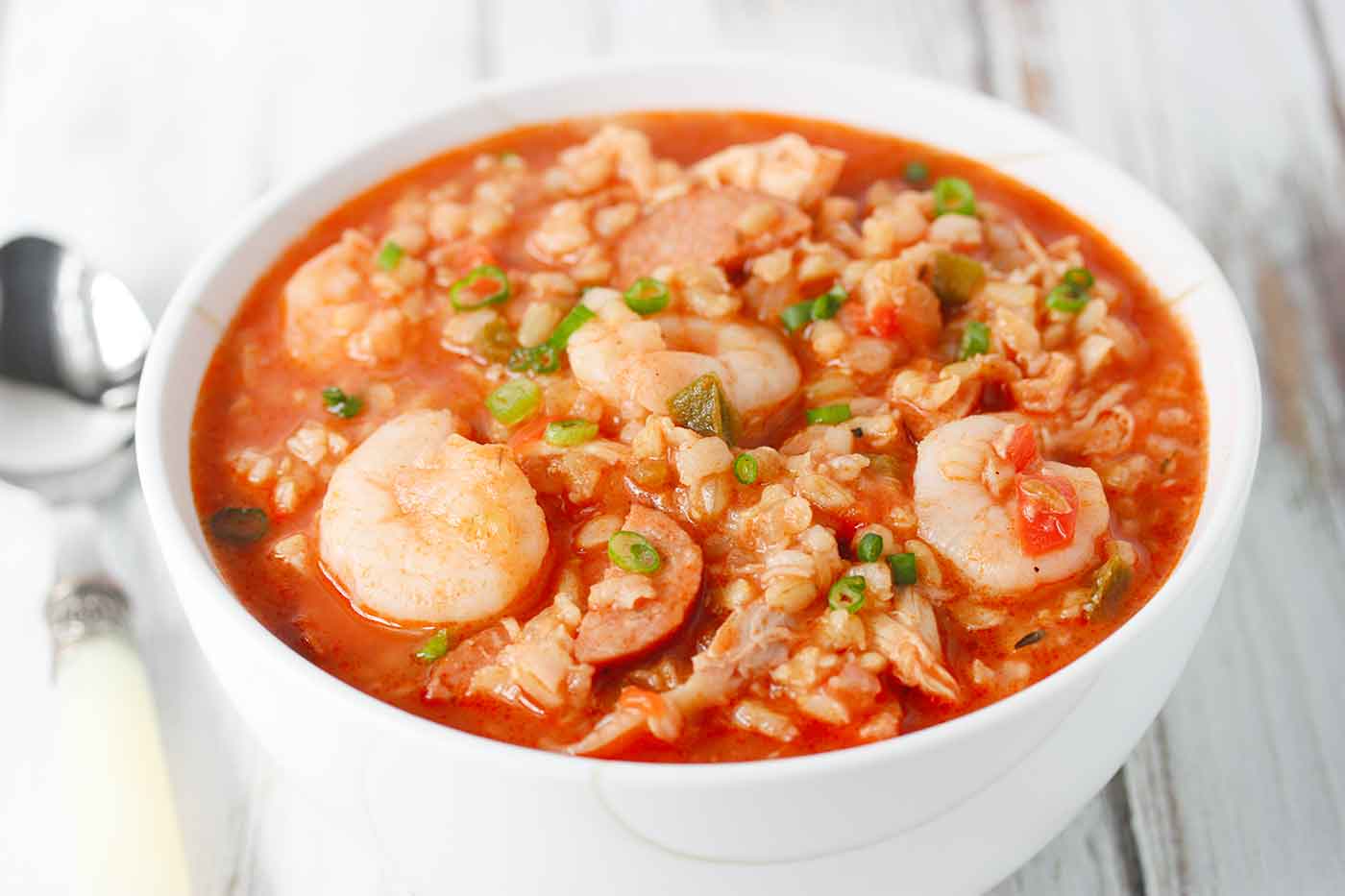 Jambalaya Soup in a white bowl.