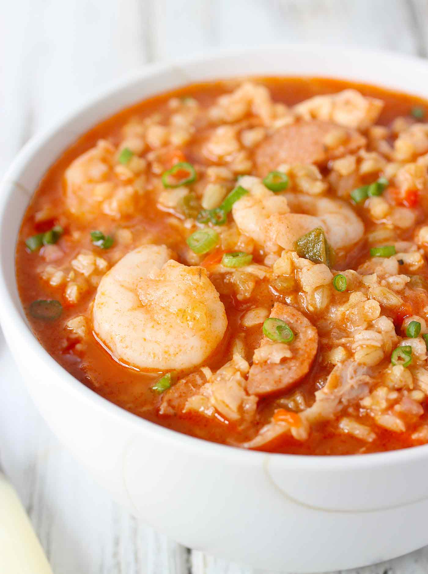 Close up of a bowl of Jambalaya Soup.