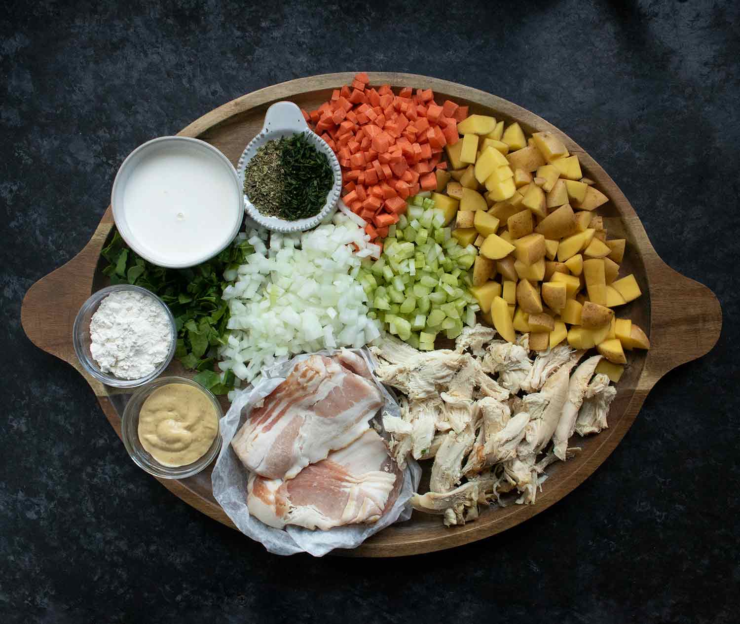 Ingredients for Chicken Potato Soup arranged on a platter.