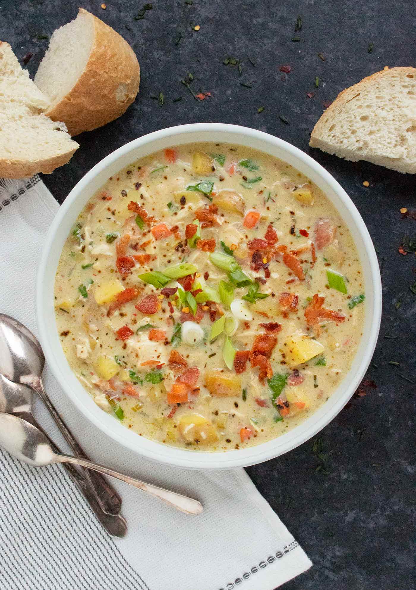 A bowl of Chicken Potato Soup with Bacon.