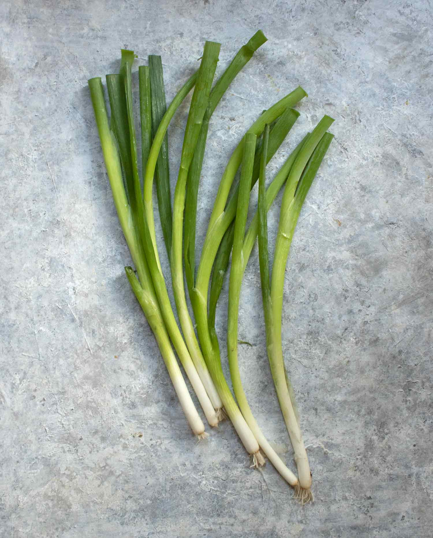 Six scallions lying side by side, ready to chop.