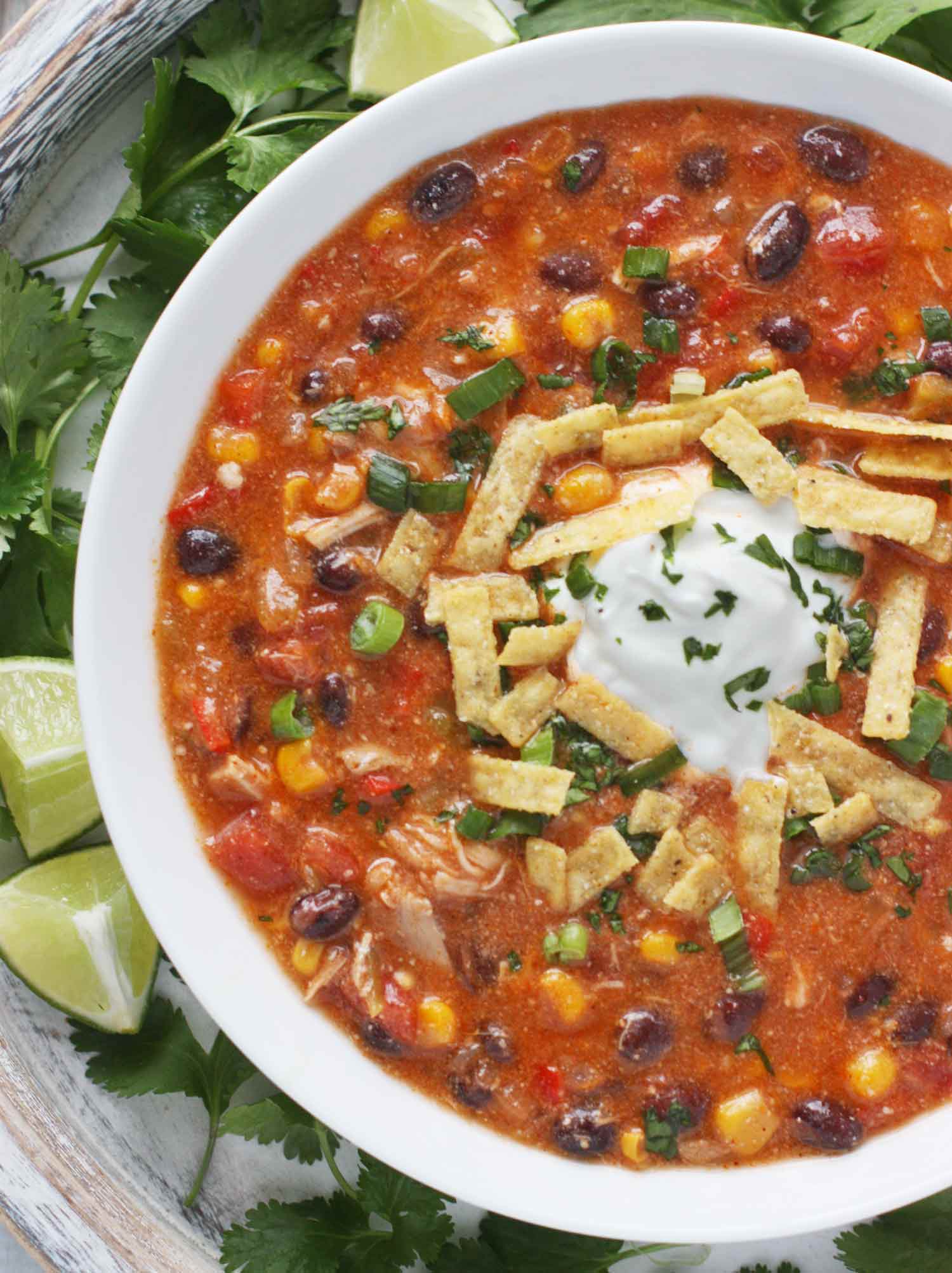 Close-up overhead shot of Chicken Enchilada Soup, served in a white bowl.