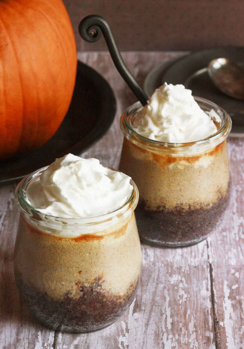 Pumpkin Cheesecake Jars in Bars on a serving tray.