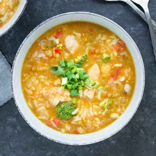General Tso's Chicken Soup in a white bowl.