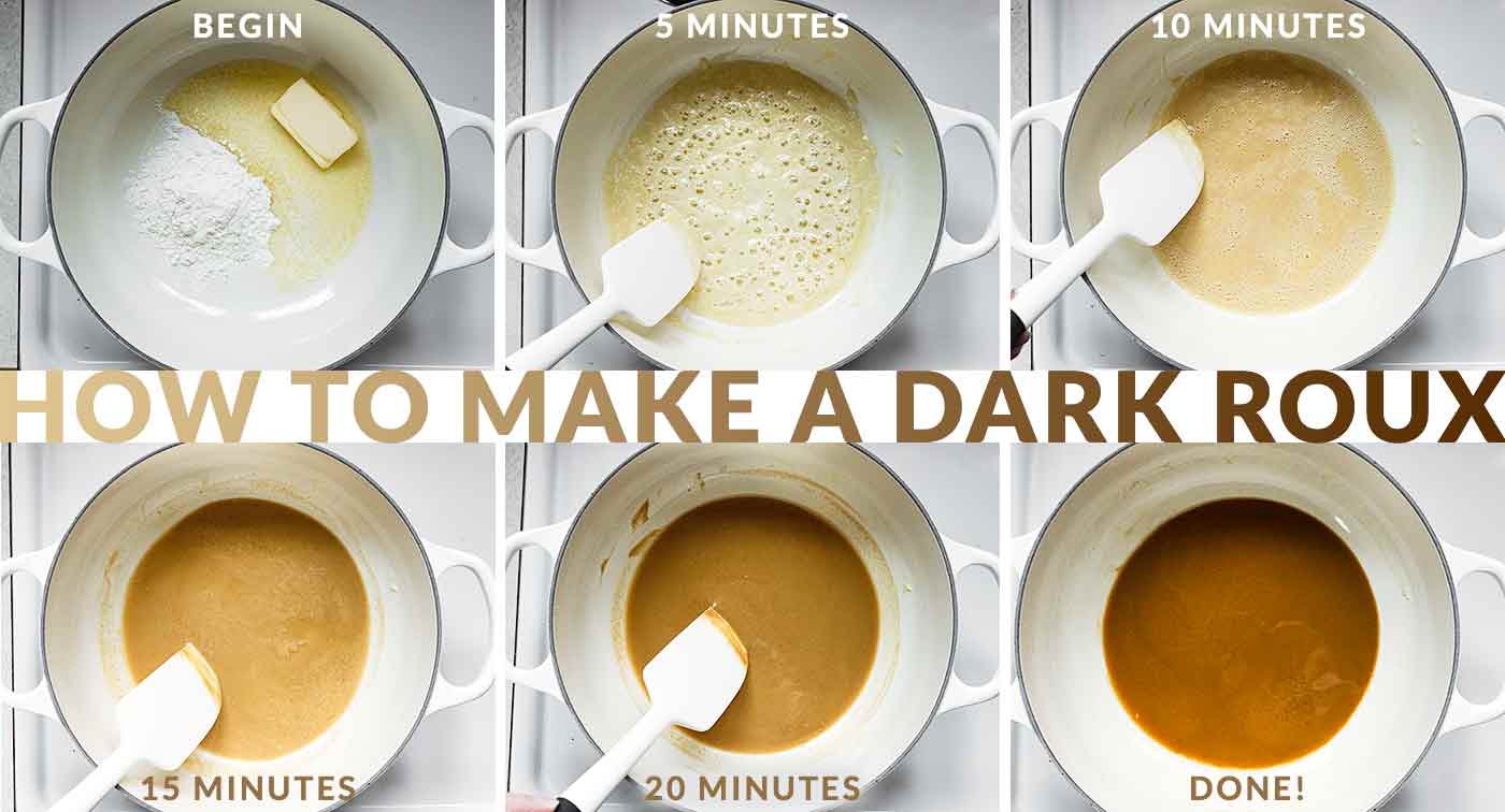 Visual steps for making a dark roux.