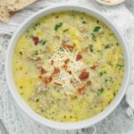 Tuscan Potato Soup in a while bowl