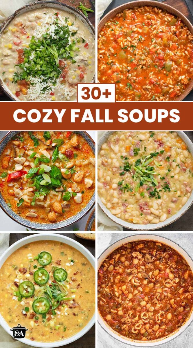 Pinterest in image featuring photos of 6 fall soups.