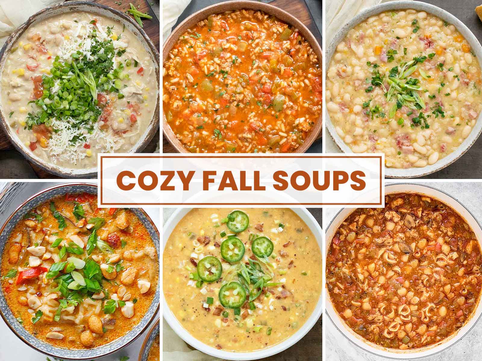 Photo collage featuring 6 fall soups.