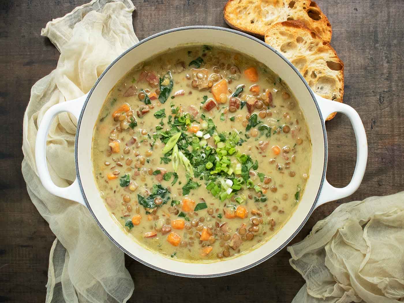 Green Curry Lentil Soup in a large Dutch oven.