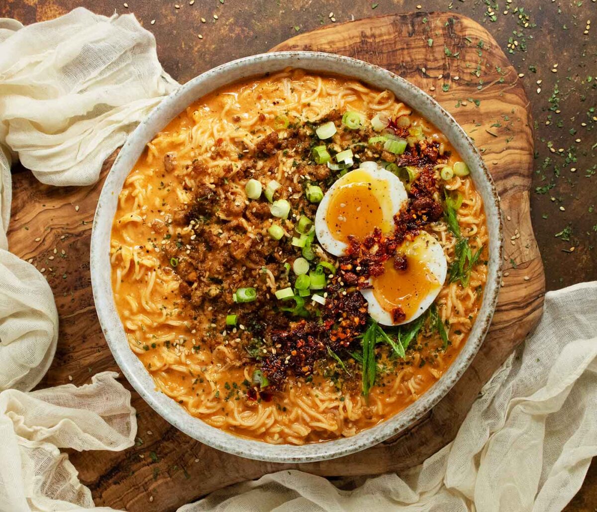 Spicy Peanut Chili Crisp Ramen Noodle Soup in a bowl.