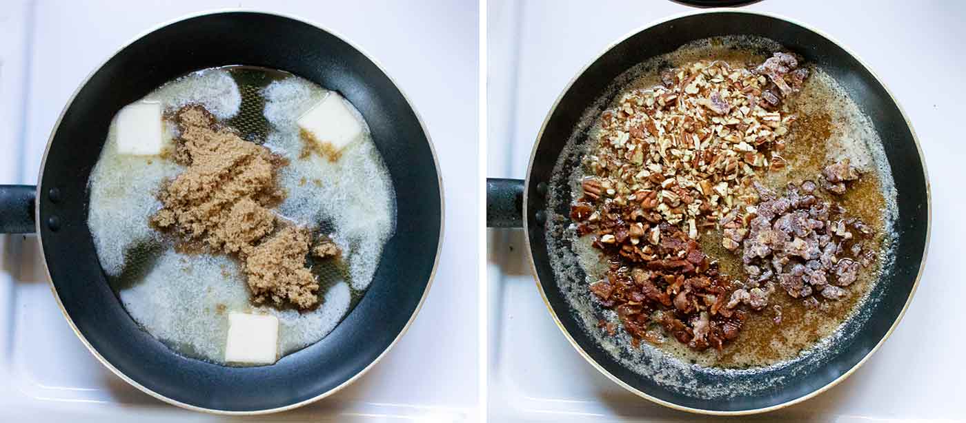 Step 2: a duo of photos showing melting the butter and brown sugar together in a skillet, and coating the pecans, dates, and bacon in the sugar butter mixture.