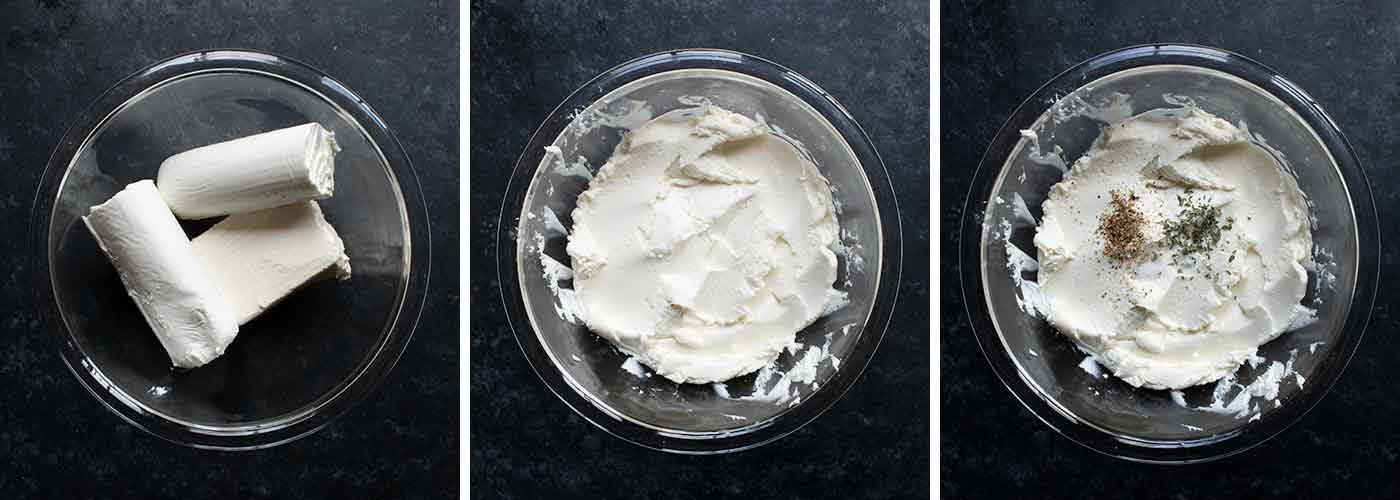 Step 3: a trio of photos showing the stages of creaming the goat cheese and cream cheese together in a bowl.