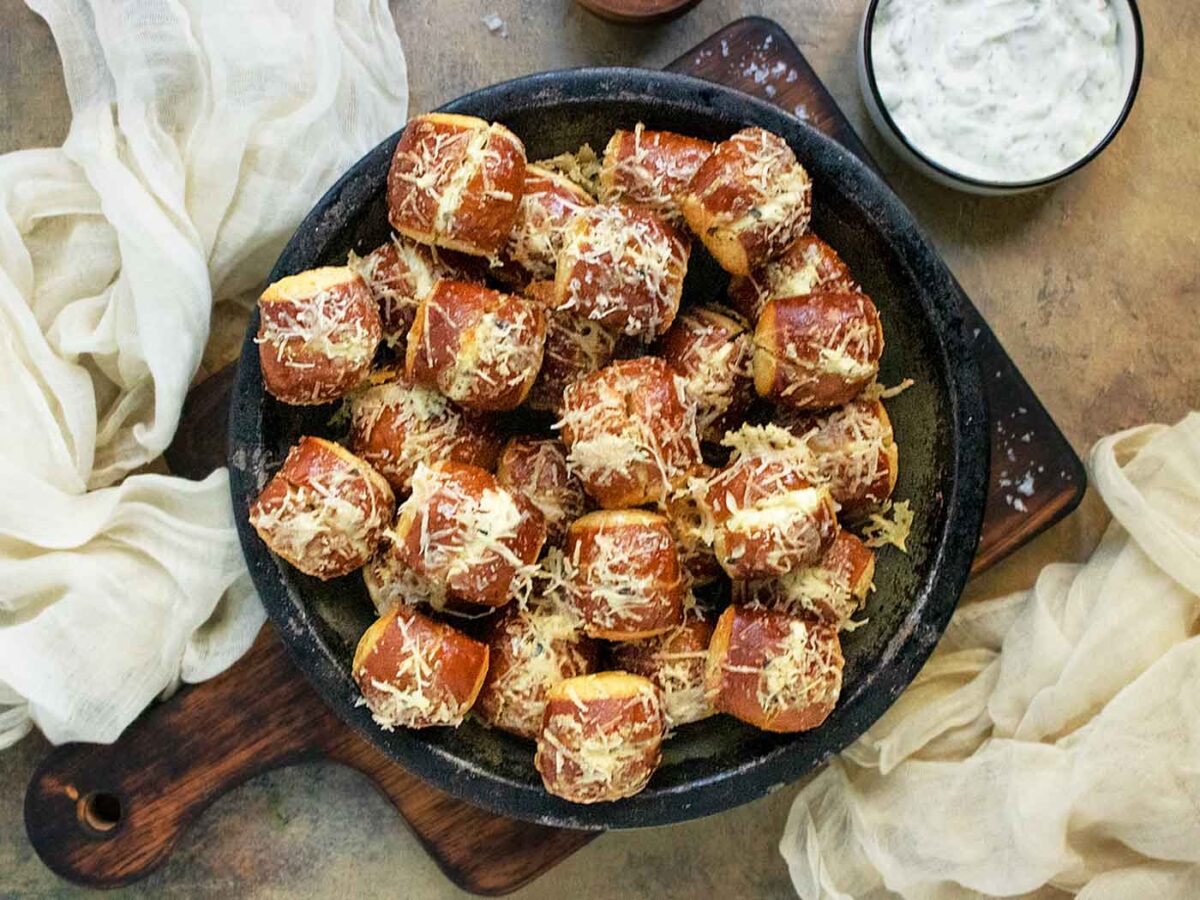 Stuffed Pretzel Bites on a metal tray.