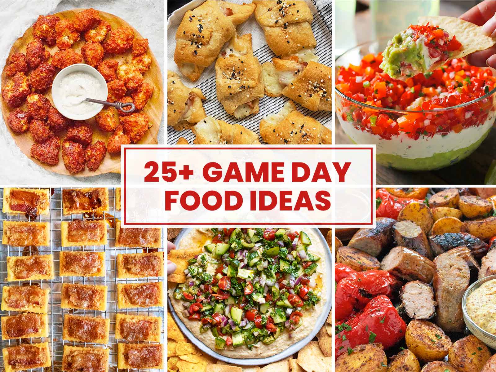 Collage of six photos of game day recipes, featuring dips, snacks, and finger food.