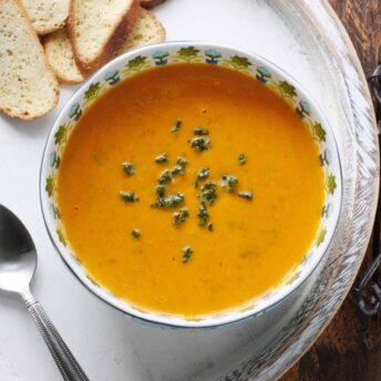 Overhead view of a bowl of Sweet Potato Chorizo Soup.