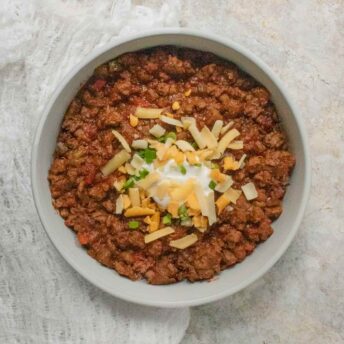 Overhead view of Weekend Chili in a light gray bowl.