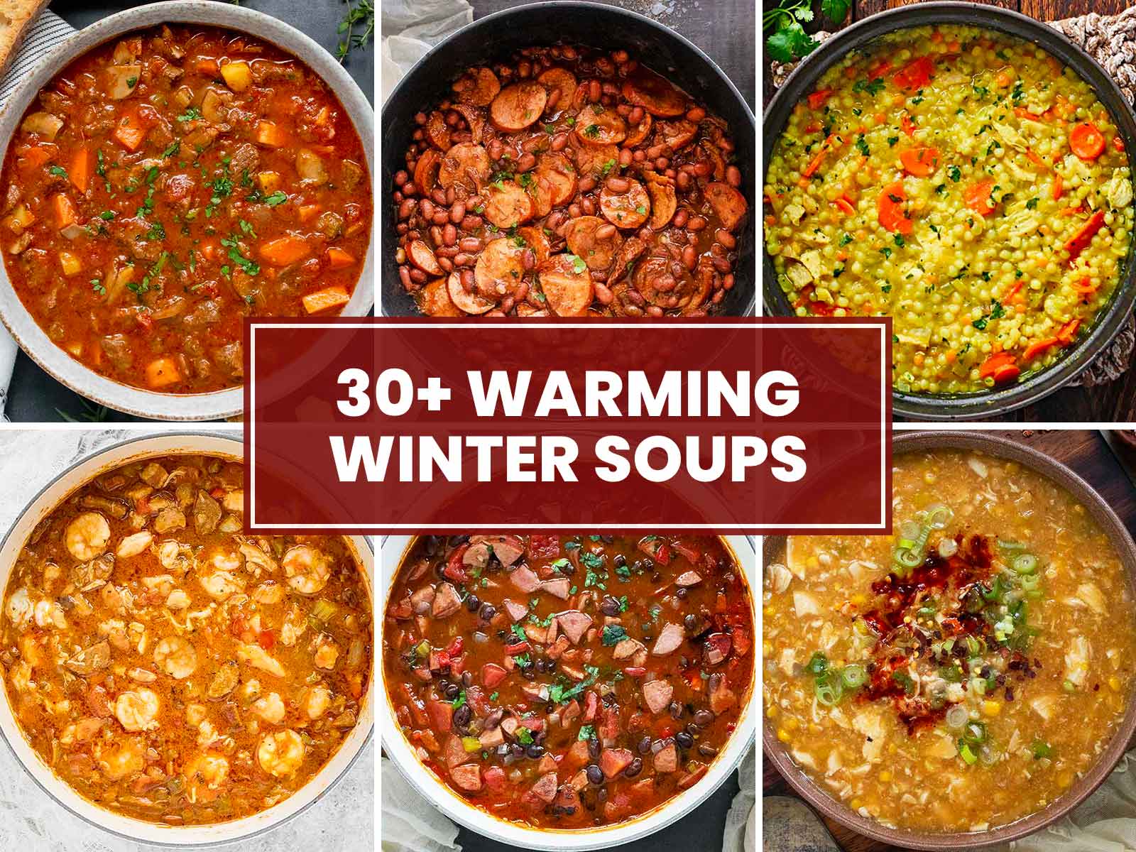 Photo collage of 6 winter soup photos.