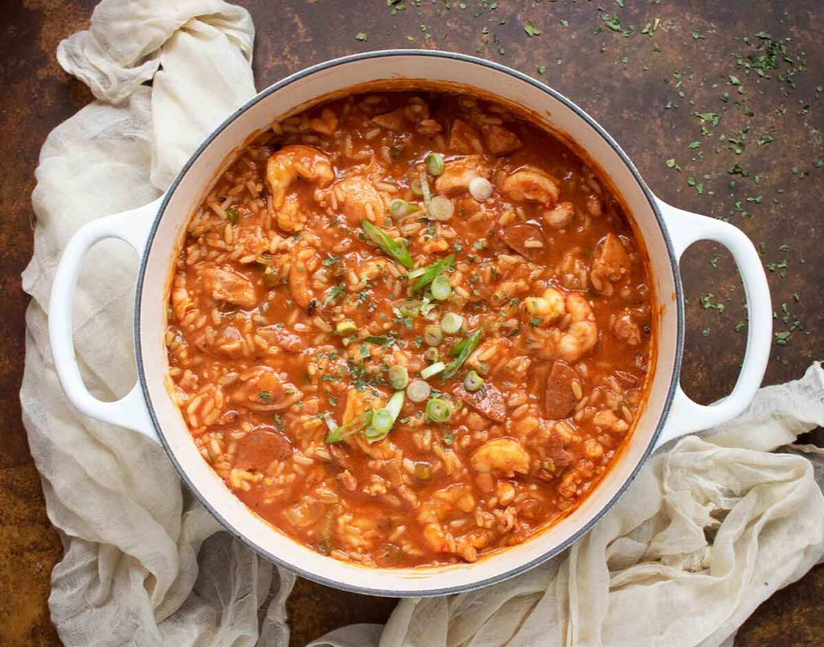 An overhead view of a pot of Jambalaya Soup.