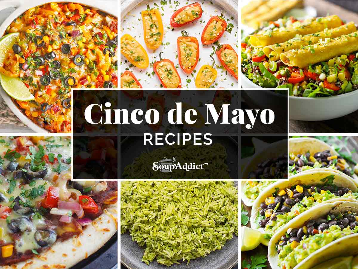 Composite image with 6 photos Cinco de Mayo recipes, representing a recipe round-up.