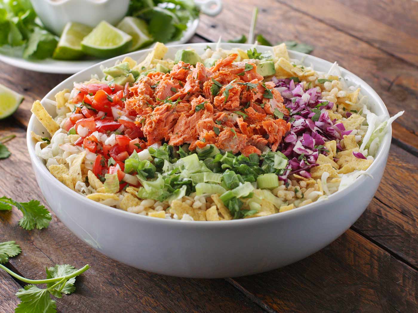 Angled side view of a Fish Taco Bowl.