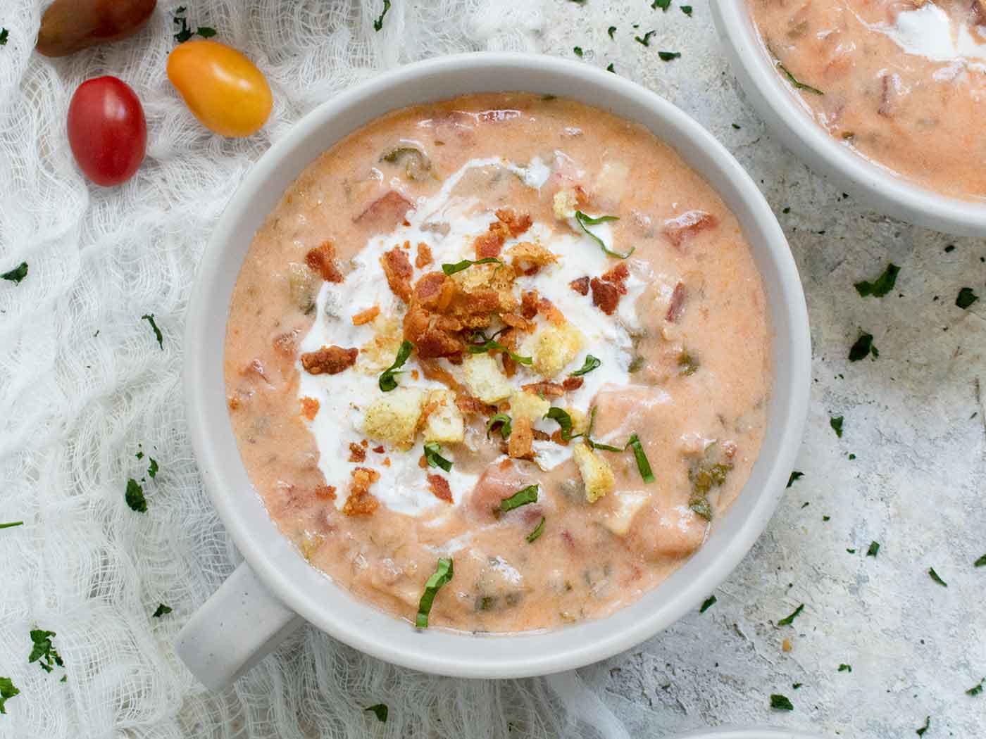 BLT Soup in a white bowl.