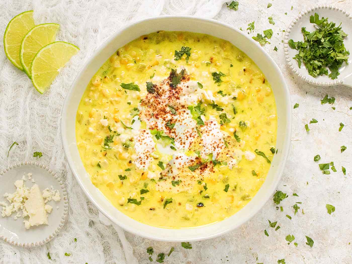Mexican Street Corn Soup in a white bowl.