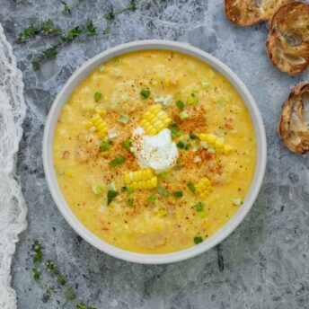 Overhead view of a bowl of Shrimp and Corn Chowder