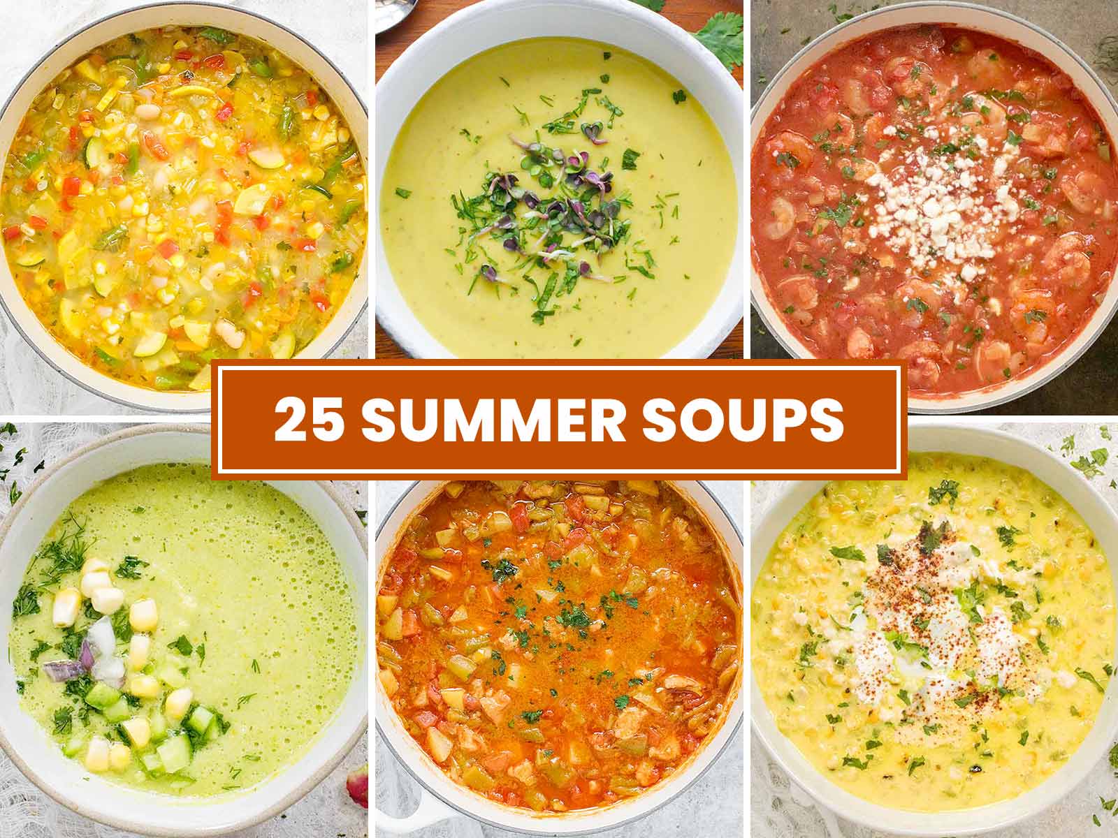 A collage of 6 soup photos for a round-up of summer soup.