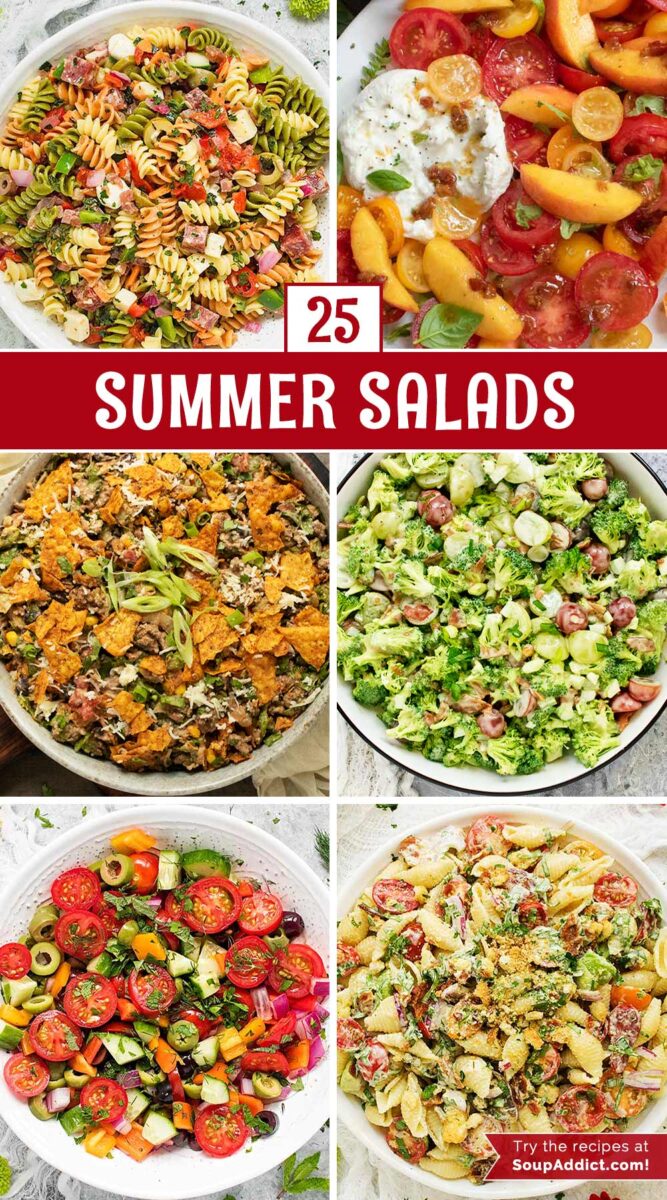 Pinterest pin image featuring 6 photos of summer salad recipes.