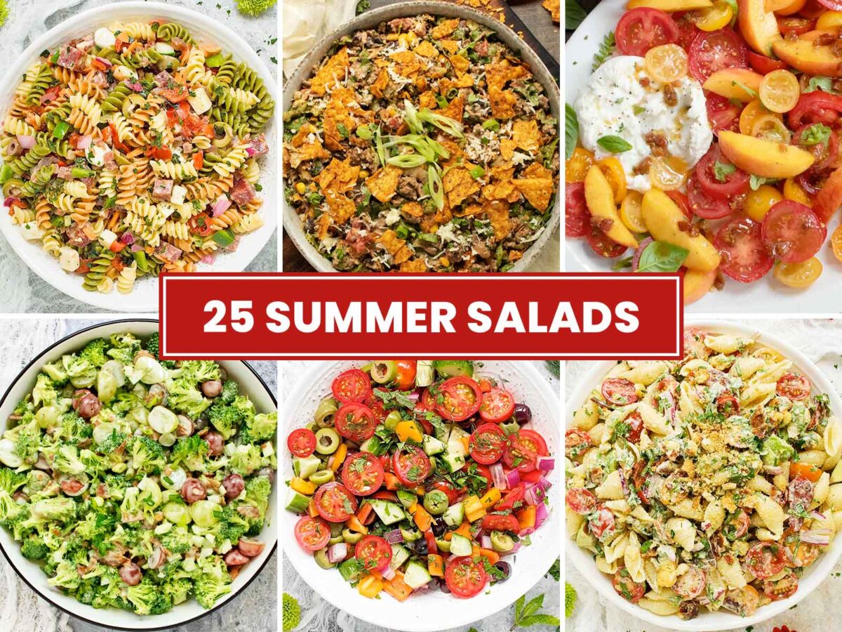 A photo collage of 6 summer salads.