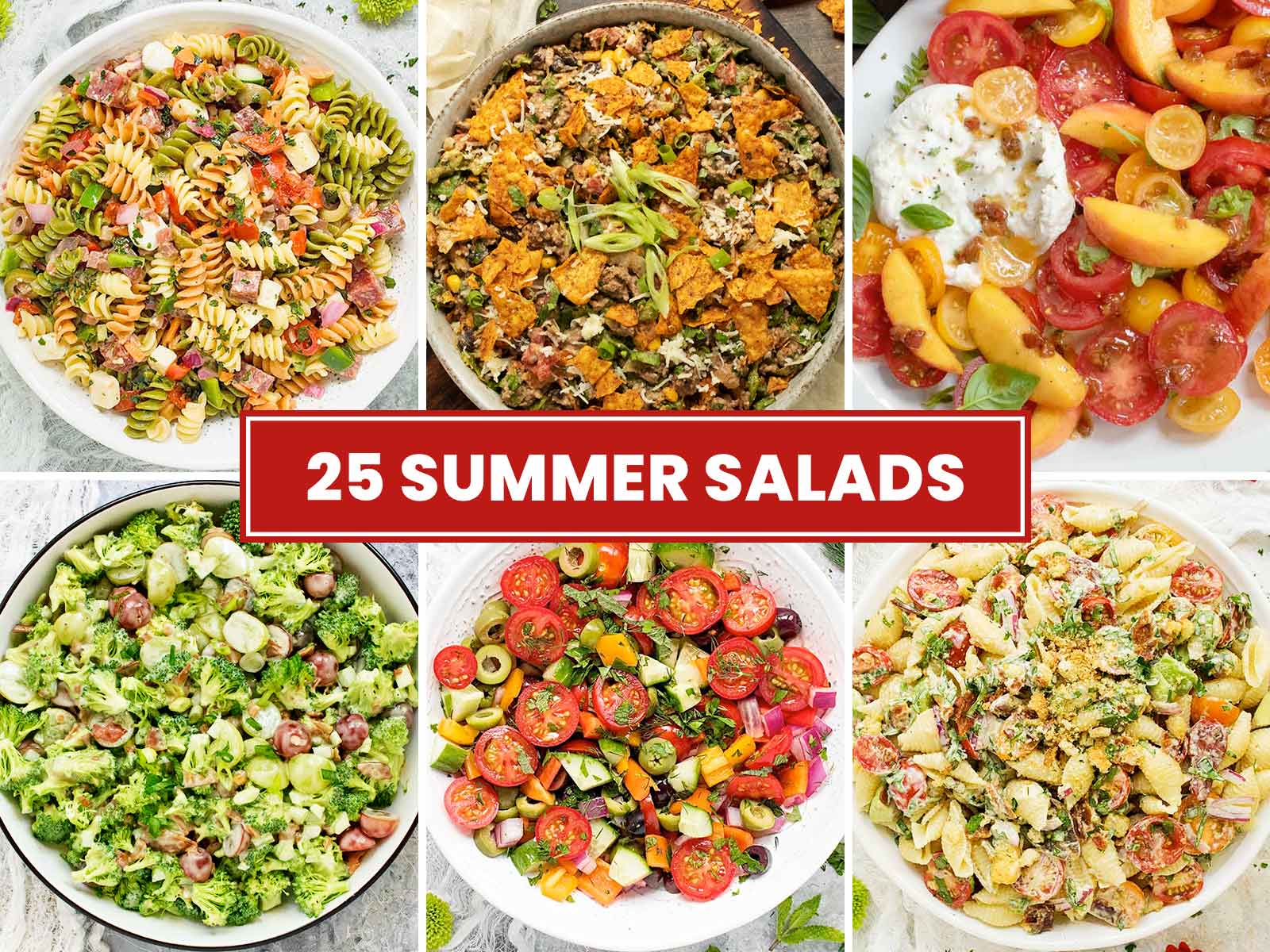 A photo collage of 6 summer salads.