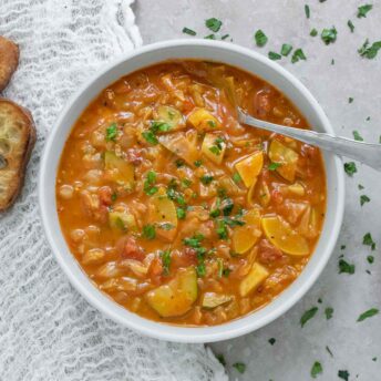 Overhead view of Summer Cabbage Soup in a bowl.