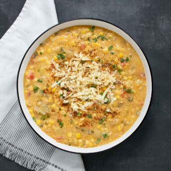 Overhead view of a bowl of Southwest Corn Chowder.