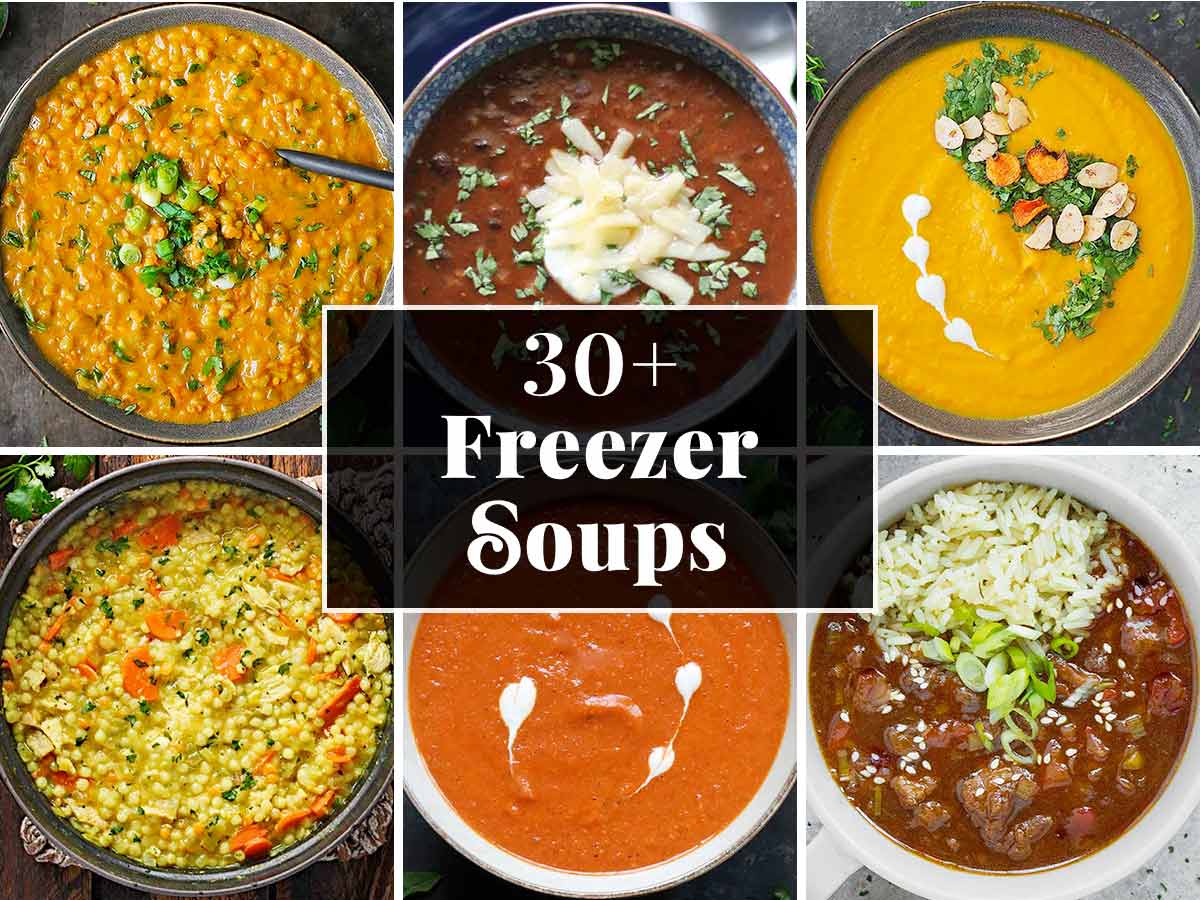 A photo collage of 6 freezer soups.