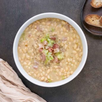 Overhead shot of Senate Bean Soup in a white bowl.