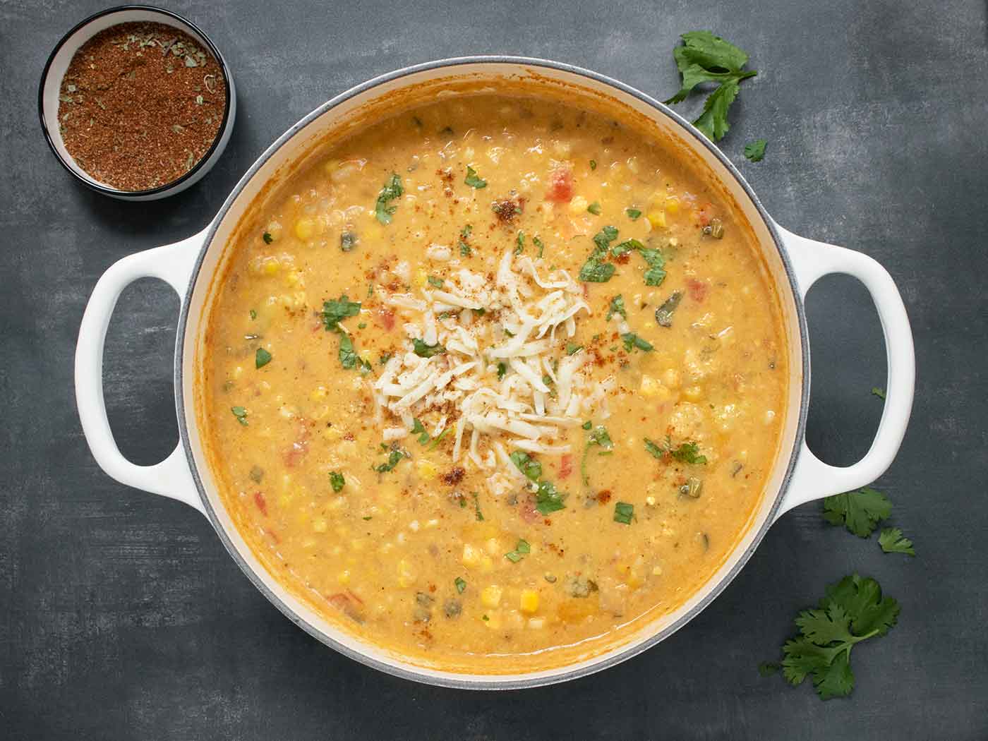 Southwest Corn Chowder in a large white Dutch oven.