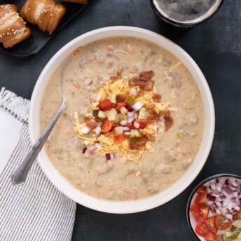 Cheeseburger Beer Soup in a bowl.