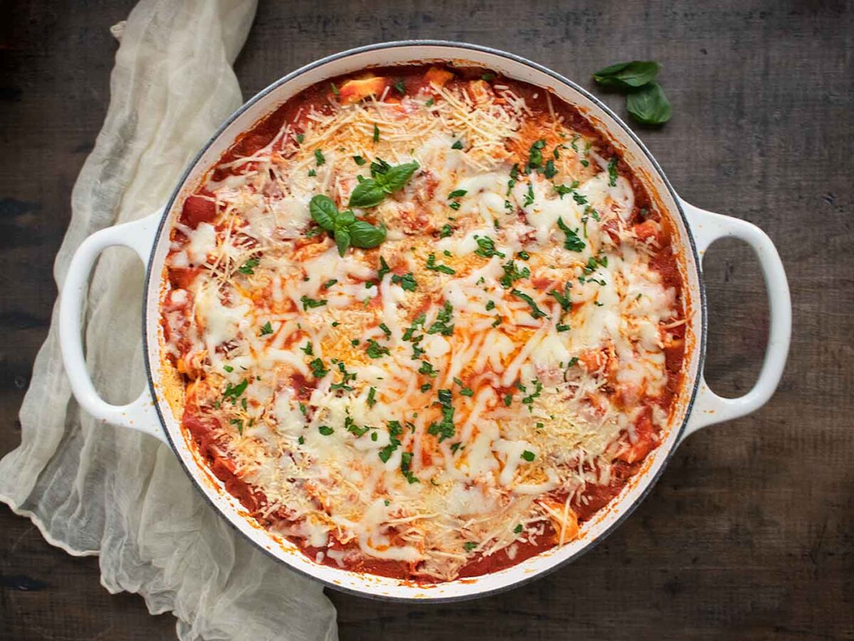 Pizza Tortellini in a large, white braiser