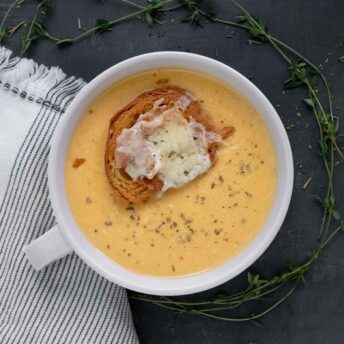 A bowl of Roasted Winter Squash & Feta Soup.