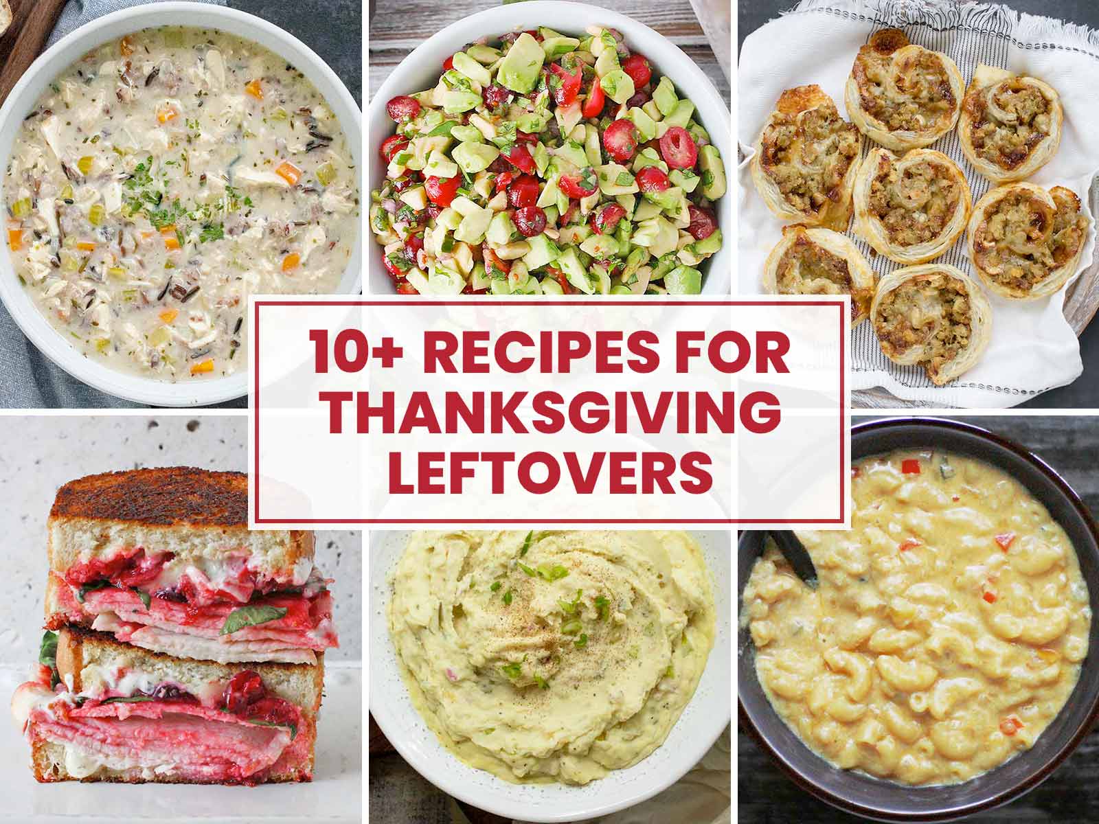 Photo collage of recipes for Thanksgiving leftovers.