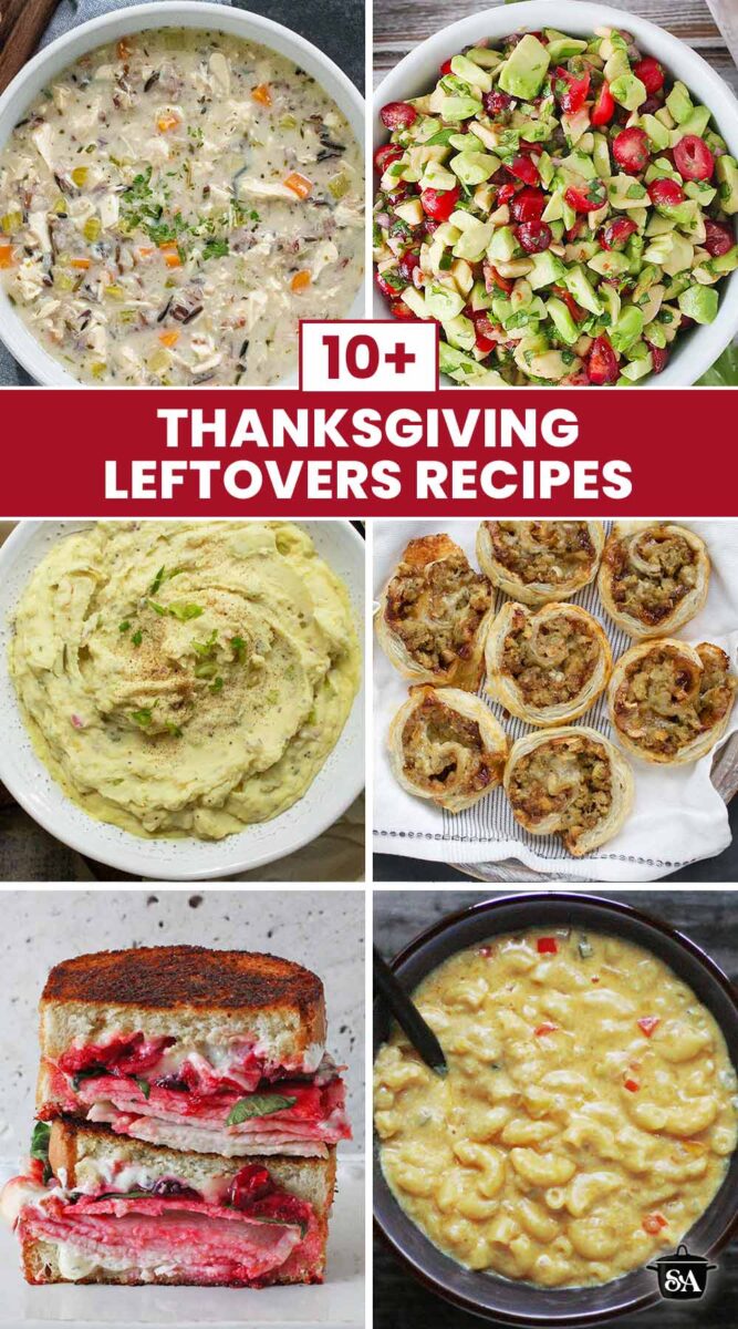 Pinterest pin image featuring a photo collage of 6 recipes for Thanksgiving Leftovers.