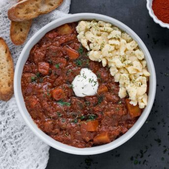 Austrian Hungarian Goulash in a white bowl.