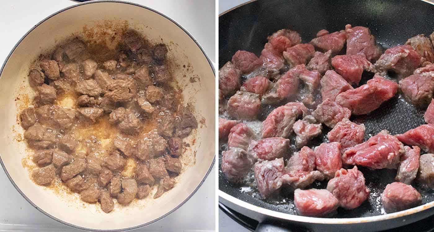 A photo duo showing chunks of beef chuck browning in the pan.