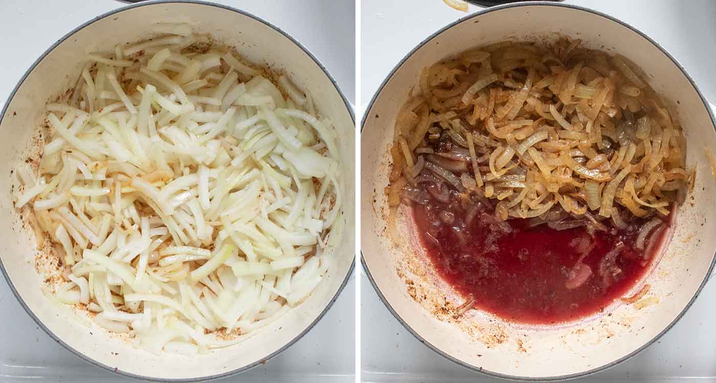 A photo duo showing the onions cooking in the pot, and deglazing with red wine.